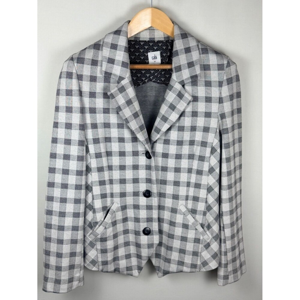 CAbi Plaid Blazer Size 10 Gray Check Jacket Preppy Tailored